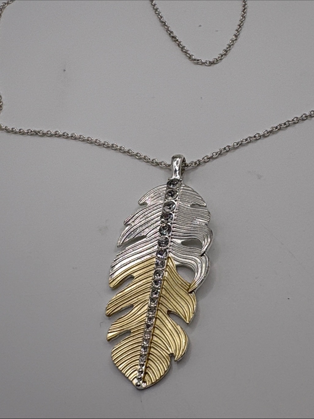 Two-Tone Feather Pendant Necklace with Crystal Spine - Silver & Gold Shofel Bros